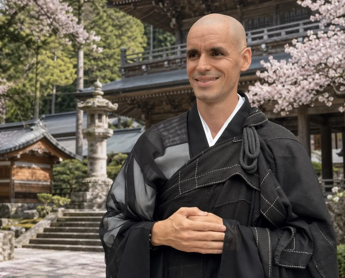 Monge Butsukei em um templo, sob cerejeiras em flor